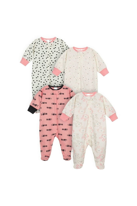 Brand Baby Girl Sleep 'n Play Footed Pajamas, 4-Pack, Sizes Newborn-6/9 Months