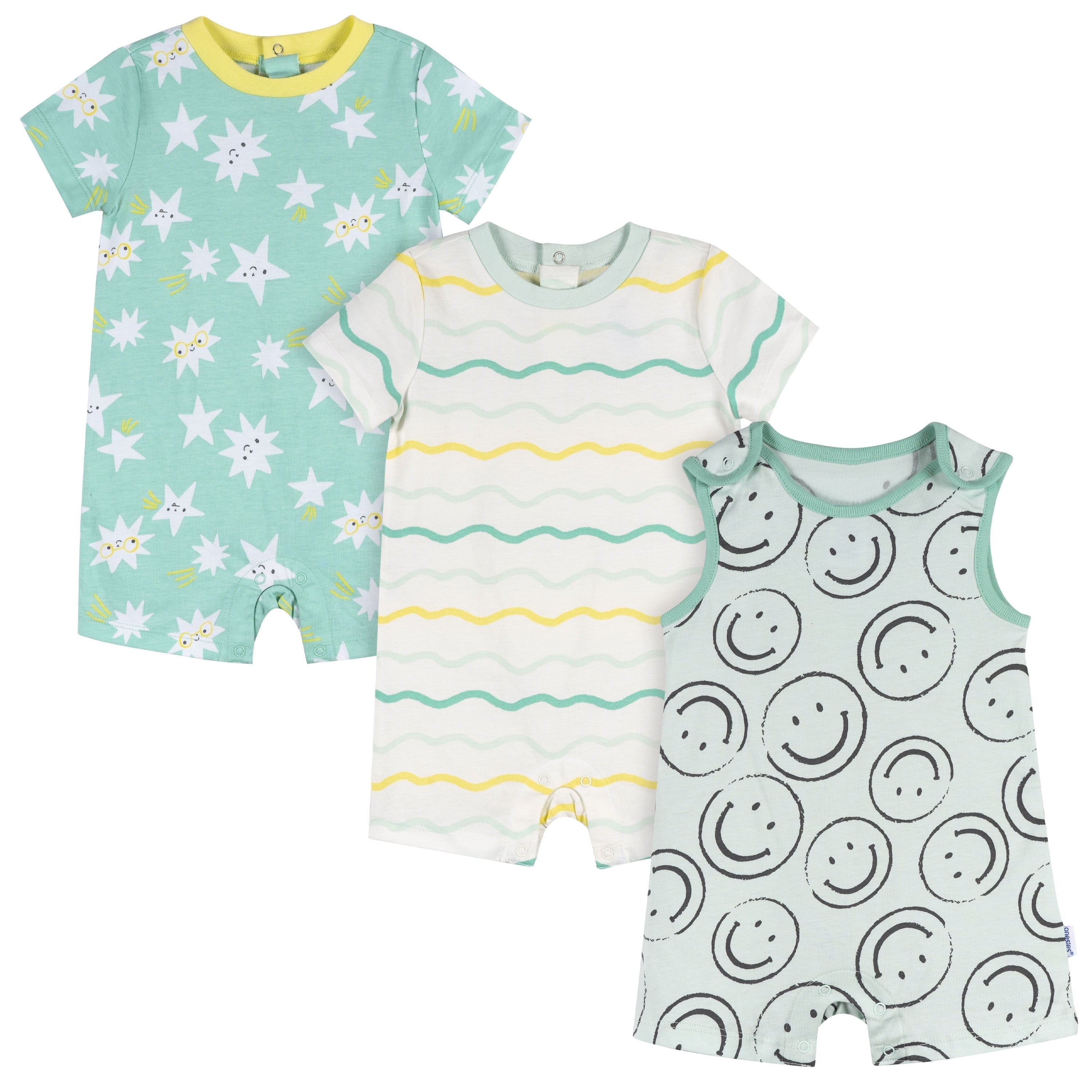Onesies Brand Baby Boy Short Sleeve and Sleeveless Rompers, 3-Pack, Sizes 0/3 Months - 24 Months