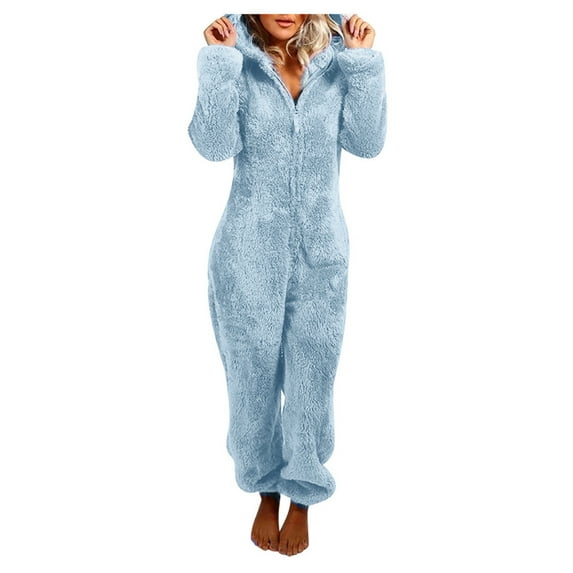 Onesies Pajamas Jumpsuit for Womens Warm Sherpa Romper Sleepwear One Piece Zipper Hooded Playsuit Fleece Costume