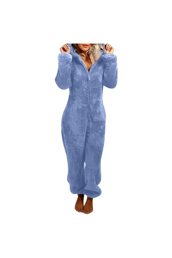 Onesies Pajamas Jumpsuit for Womens Warm Sherpa Romper Sleepwear One Piece Zipper Hooded Playsuit Fleece Costume
