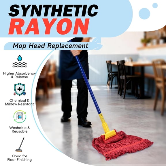 Onesimus Synthetic Rayon Mop Head Replacement, Chemical Resistant Heavy Duty Commercial Mops for Floor Cleaning and Finishing, 5 Inch Wide Headband, X-Large 28 oz, 6 Pack Red