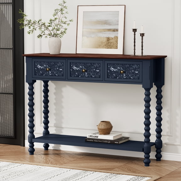 Onespruce French Country Console Table, 42" Blue Entryway Table with 3 Carved Drawers & Beaded Legs, Storage Accent Table for Hallway Living Room