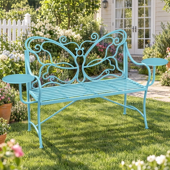 Onespruce Metal Butterfly Garden Bench, 2-Seater Wrought Iron Patio Bench with Side Tables, Weather-Resistant Outdoor Bench for Backyard, Porch, Lawn, Blue
