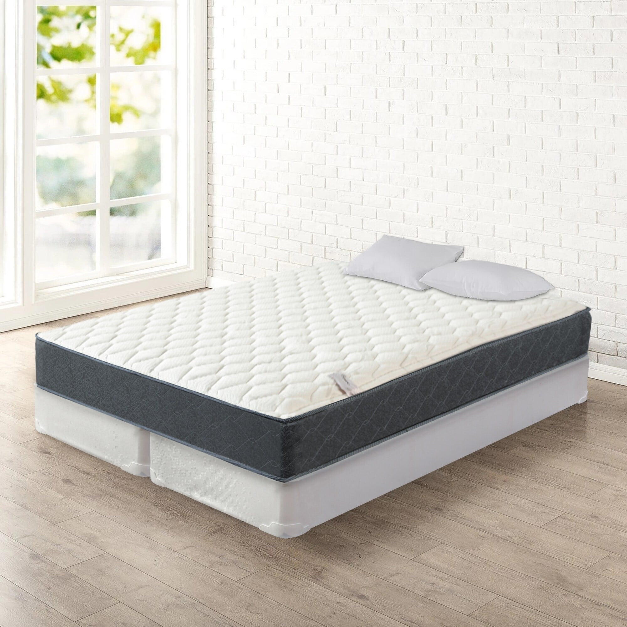 , 10Inch Medium Tight Top Memory Foam Pocket Coil rolled Mattress and 8" Split Wood Box