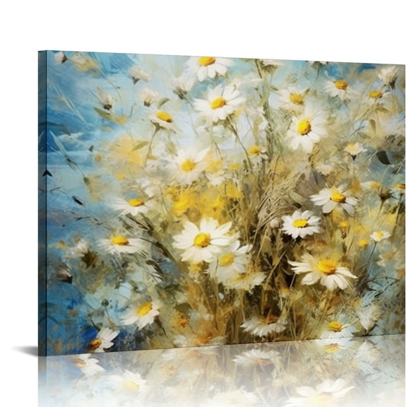 Onetech New Blue Oil Painting Daisy Canvas Wall Art 20x16 in / 16x12 in Decor for Living Room Bedroom Office 16x12in