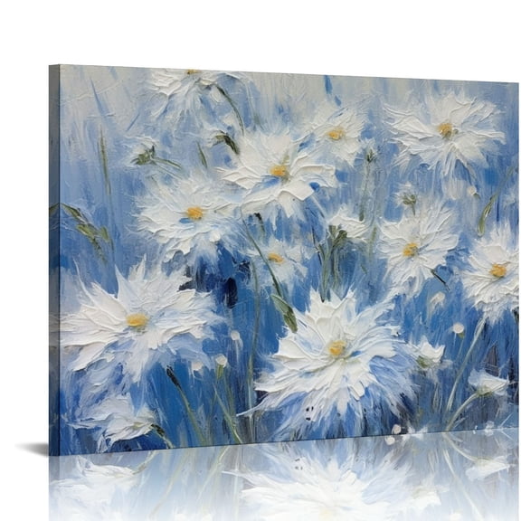 Onetech New Blue Oil Painting Daisy Wall Decor 20x16 in / 16x12 in Canvas Art for Living Room Bedroom Home Office Decor 16x12in
