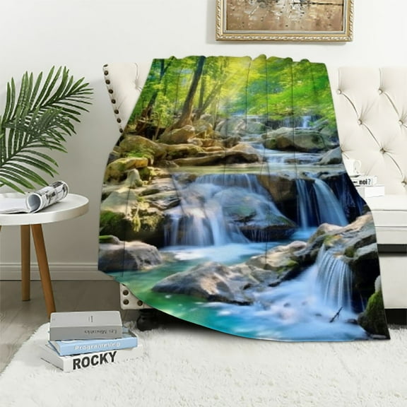 Onetech Waterfall Forest Rocks Flannel Blanket Excellent Hand Feel for All Seasons 50x60in