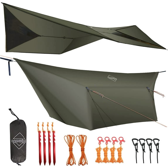Onewind 12ft Hammock Rain Fly, Camping Tarp with Complete Accessories. OD Green, 12'*9.7'