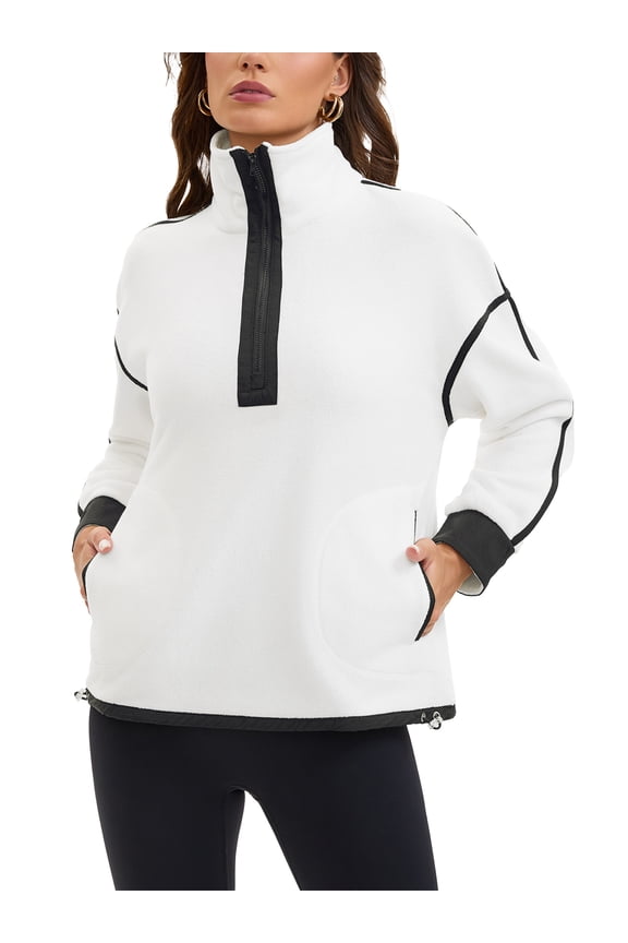 Onfers Womens Cropped Sweatshirt Half Zip Fleece Pullover Oversized Jacket with Pockets S White