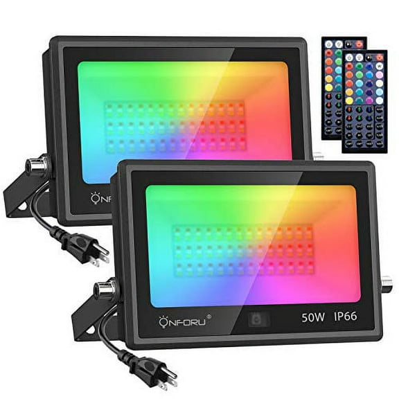 Onforu Onforu 2 Pack 50W LED RGB Flood Lights, 500W Equivalent Floodlight, Dimmable Million Color Changing Floodlight with Remote, Waterproof Outdoor Indoor DIY Stage Uplights, Landscape, Party, Wall