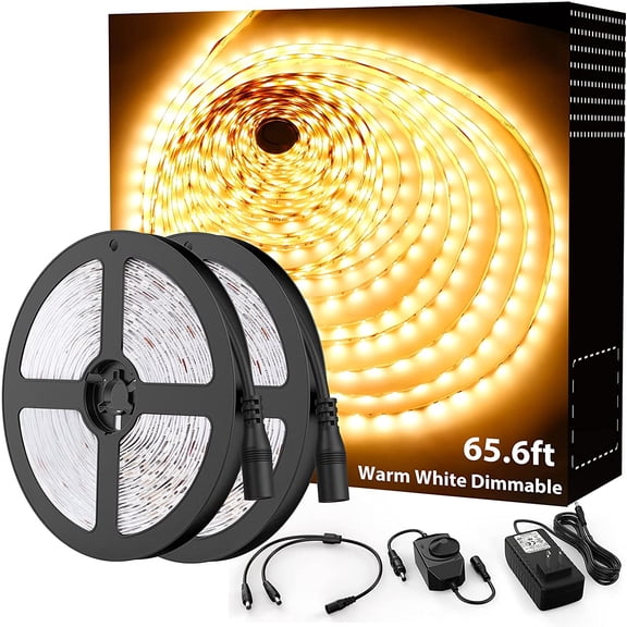 Onforu Warm White LED Strip Lighting, 65.6ft 3000K Dimmable Led Tape Light, 20m Bright 1200 LEDs 2835 Flexible Ribbon Christmas Light, 12V Adhesive Rope Lights for Kitchen, Under Cabinet, Bedroom