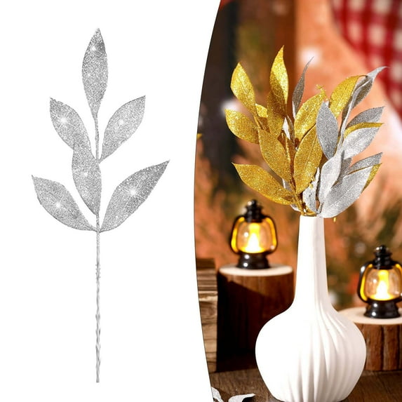 Ongmies Artificial Glitter Leaf, 13" Artificial Glitter Gold Spray Picks – Decorative Branches for Christmas Tree, Diy Wreaths, Crafts & Home Garden Decor, Fake Floral Leaf Branches Xmas Decoration