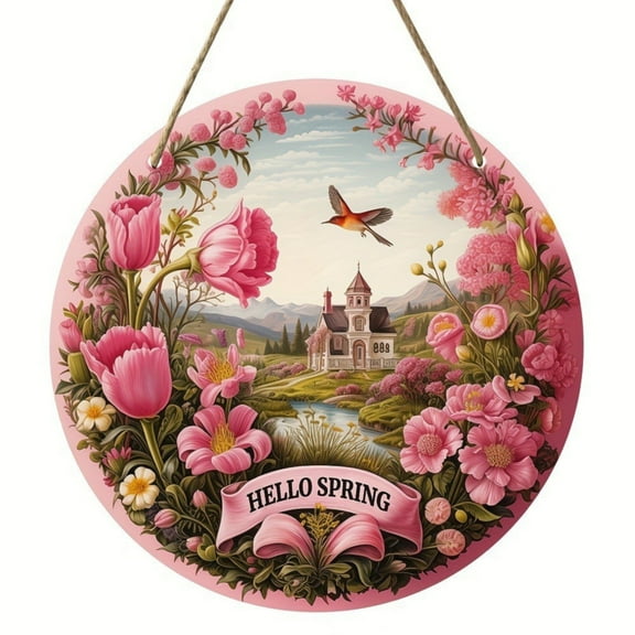 Ongmies Hello Spring Door Sign – Round Wood Sign with Umbrella and Flower Design, Welcome Spring Decorative Hanger for Farmhouse Porch and Front Door Decoration