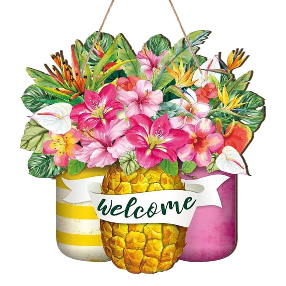 Ongmies Pineapple Sign Wooden Door Hanging Rustic Porch Decor Wooden Summer Sign Pineapple Shaped Wall Decor with Bow for Summer Cottage Farmhouse Porch Garden