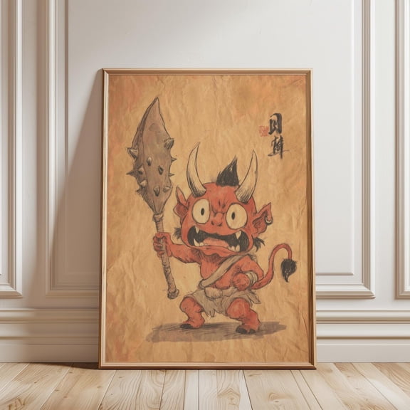 Oni Demon Red Japanese Sketch Illustration Mythology Art Print Decor, Unframed Paper Poster 8x10in