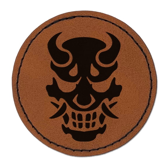 Oni Japanese Demon Mask 2.5" Faux Leather Round Engraved Iron-On Patch - Brown