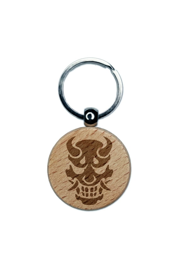 Oni Japanese Demon Mask Round Keychain Charm Tag - Engraved Wood