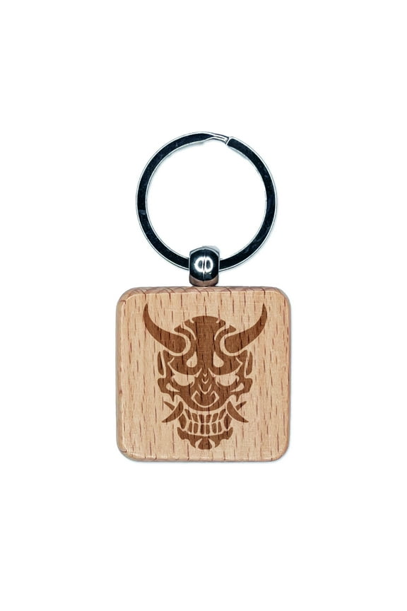 Oni Japanese Ogre Demon Square Keychain Charm Tag - Engraved Wood