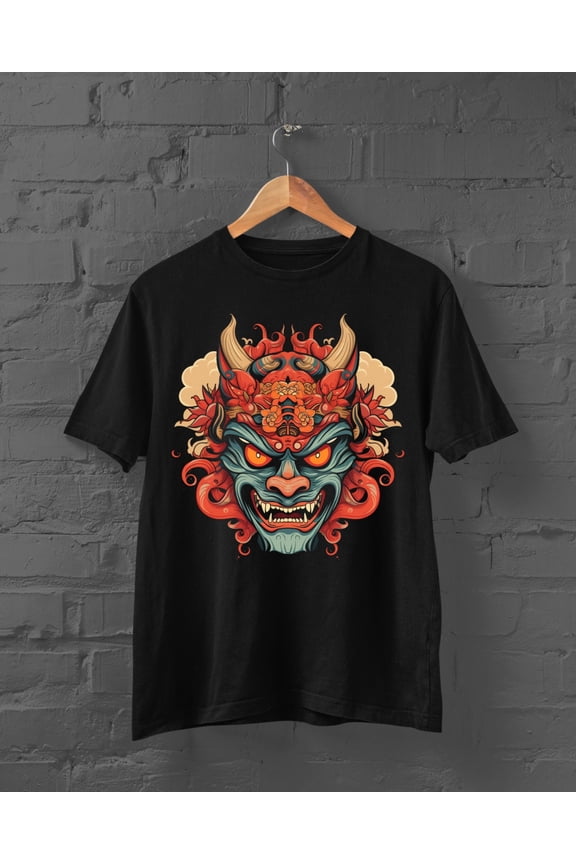 Oni Mask Print T-Shirt | Japanese Streetwear | Kanji Tshirt | Japanese Mask Shirt | Harajuku | Anime Shirt | Samurai Mask T-Shirt | Y2K Top