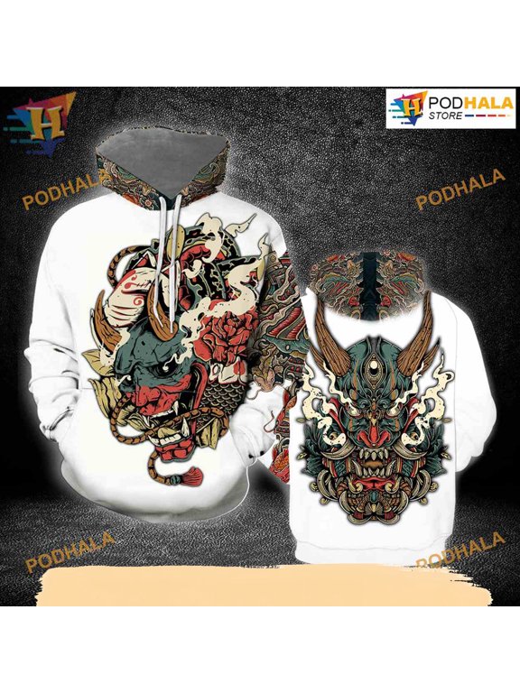 Oni Mask White Tattoo All Over Printed 3D Hoodie T-Shirt