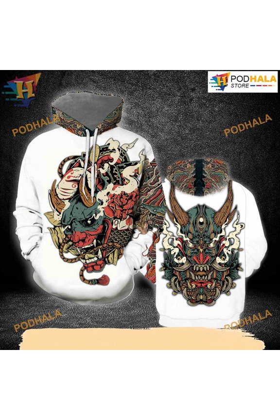 Oni Mask White Tattoo All Over Printed 3D Hoodie T-Shirt