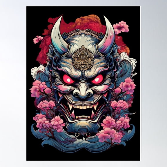 Oni Mask With Flowers Ii: Japanese Art Poster Wall Art, Modern Wall Decor For Living Room Bedroom, 8x12 UNFRAMED
