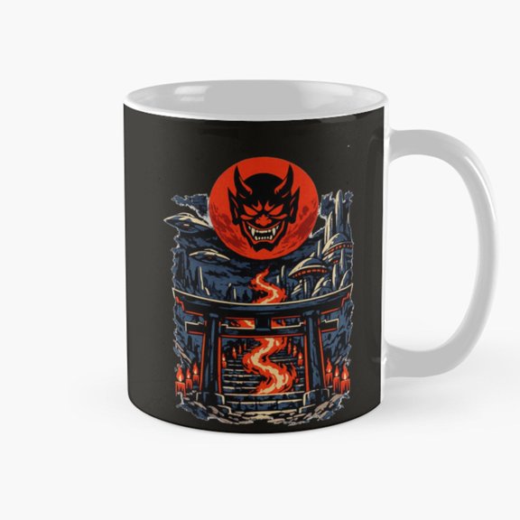 Oni Mask and Torii Gate 11oz Ceramic Mug, Red and Black Japanese Folklore Art