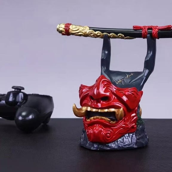 Oni Samurai Game Controller & Katana Display Stand - Stylized Resin Desktop Decor & Perfect Gift for Gamers (Birthdays/Holidays)