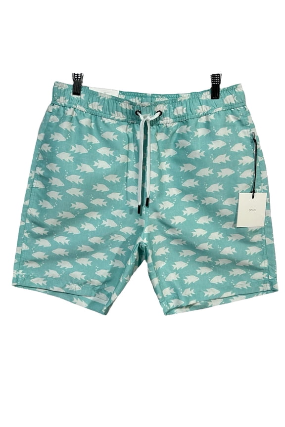 Mens Lined Swim Trunks Size M (32X7) Aqua-White Fish Ocean Print Quick Dry