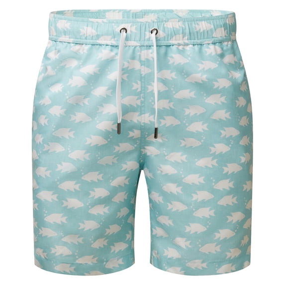 Onia Men’s Lined Swim Trunks Size L (34X7) Aqua-White Fish Ocean Print Quick Dry