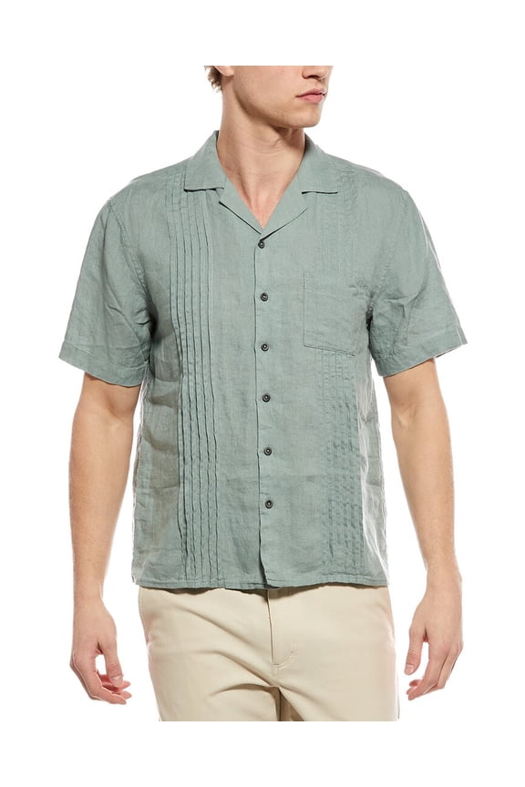 mens Linen Pintuck Camp Shirt, l, Green
