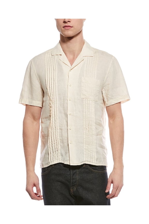 mens Linen Pintuck Camp Shirt, m, Brown