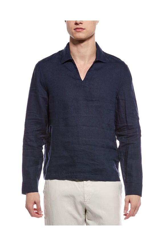 mens Linen Popover, l, Navy