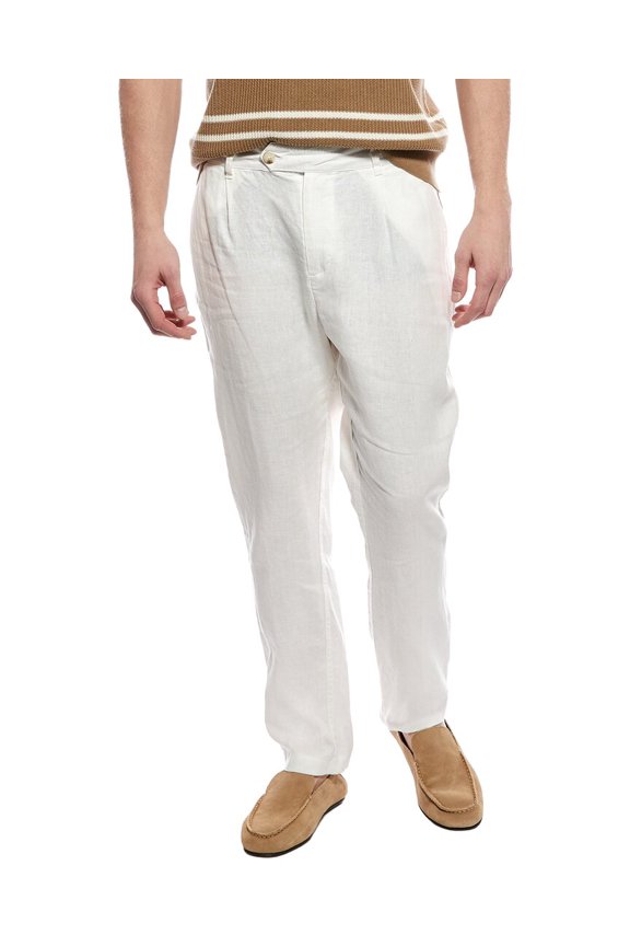 mens Linen Tapered Pleated Trouser, 34, White