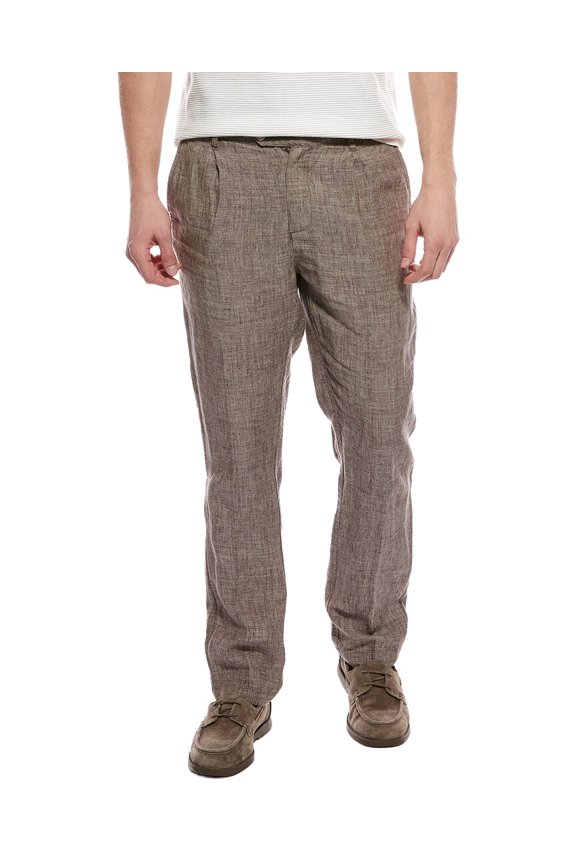 mens Linen Tapered Pleated Trouser, 36, Brown