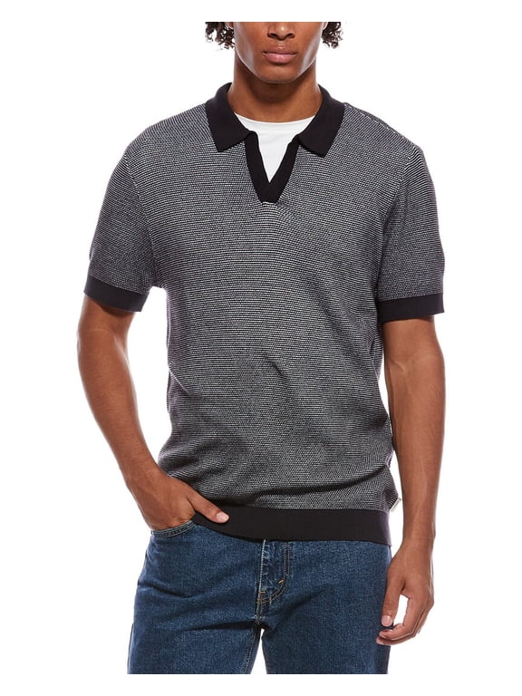 mens Textured Johnny Collar Polo Shirt, s, Navy