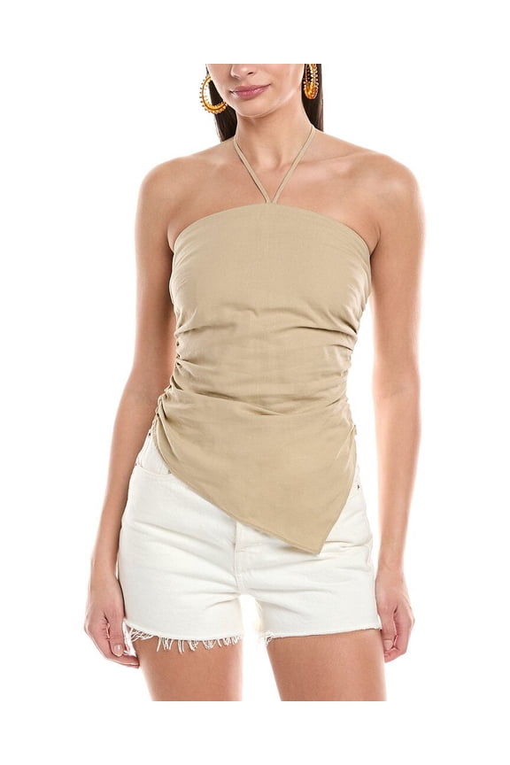 womens Air Asymmetrical Halter Linen-Blend Top, 0, Brown