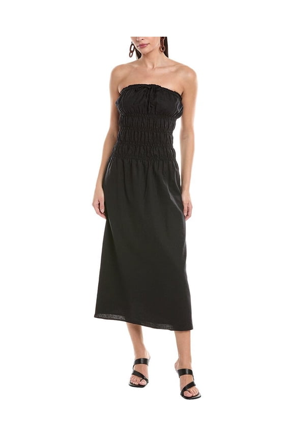 womens  Air Smocked Linen-Blend Midi Dress, m, Black