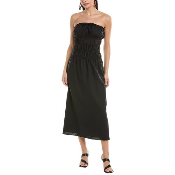 Onia womens Air Smocked Linen-Blend Midi Dress, m, Black