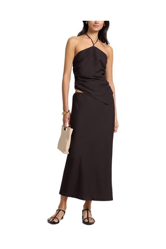 womens Linen-Blend Midi Skirt, m, Brown