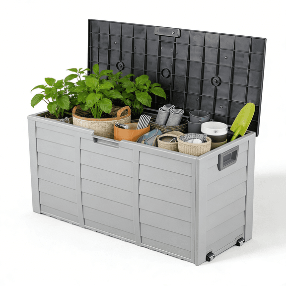 Onic 75gal 260L Outdoor Garden Plastic Storage Deck Box Chest Tools Cushions Toys Lockable Seat