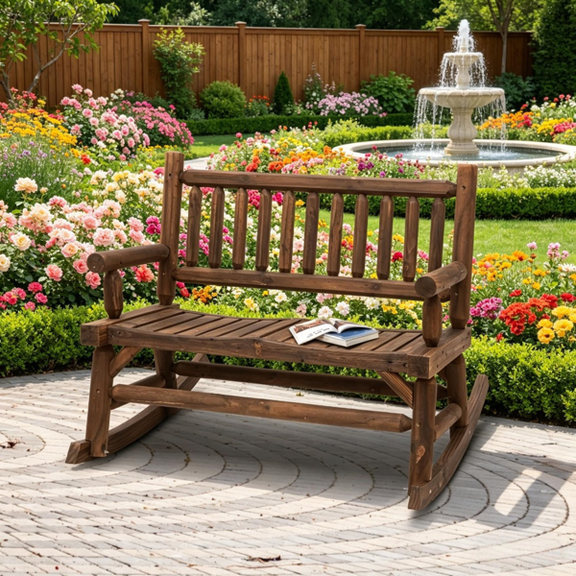 Onic Outdoor Rocking Chair,39" Double Rocking Chair,Outdoor Wooden 2-Person Rocker,Loveseat Rocking Seating With High Slatted Backrest for Garden Porch Backyard