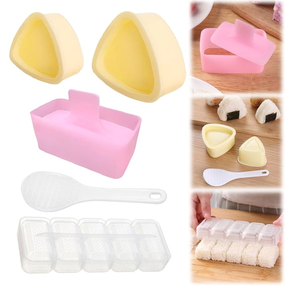 Onigiri Mold Set – 2 Yellow Triangle Rice Ball Molds + 1 Pink & 1 Clear Rectangle Musubi Press + Rice Paddle – 4-Piece Sushi Maker Kit for Kid Lunch Bento Home DIY