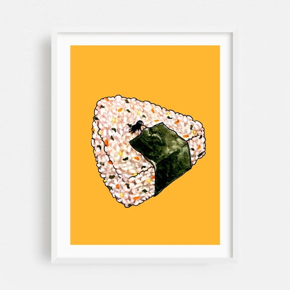Onigiri Snooze - Painting Humor Surrealism Whimsical Pop Art Modern Art Illustration White Framed Wall Art Print 9 x 12 inches