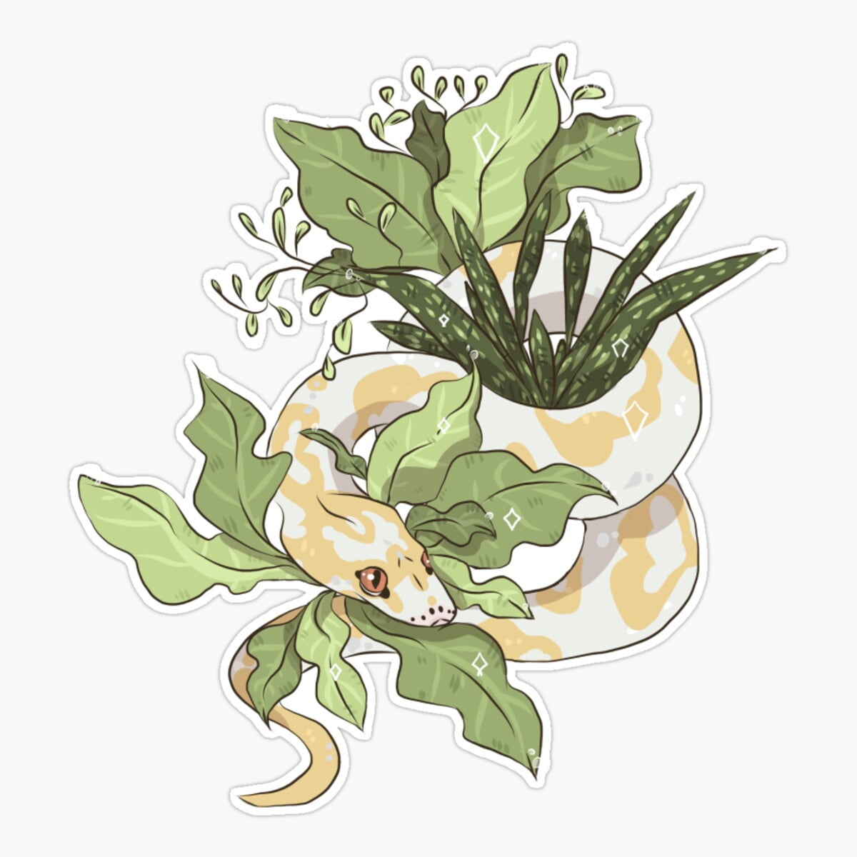 Onim Albino Pied Ball Python With Plants Sticker, Phone Decal Water ...
