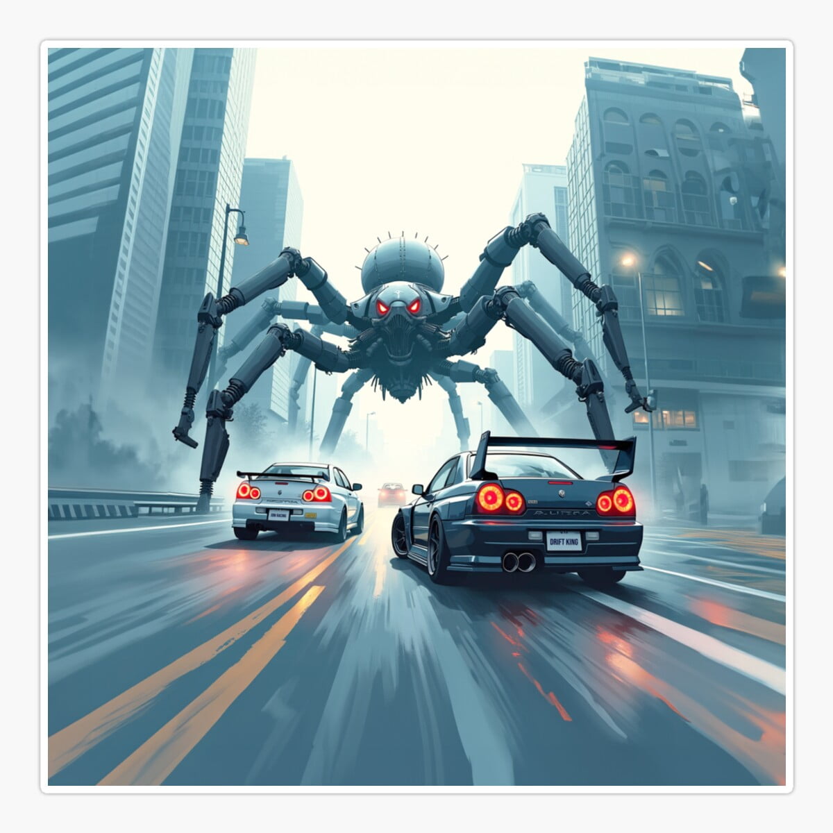 Onim Race Cars Drifting Past A Giant Spider Robot - Car Culture Sticker ...