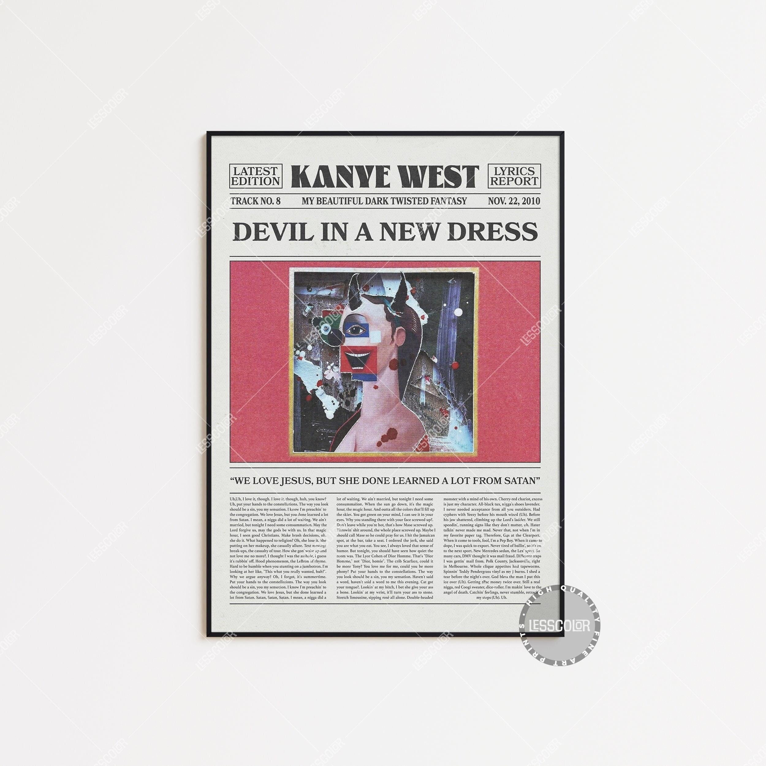 Onimhouse Poster Kanye West Retro Newspaper Print, Devil In A New Dress Poster, Lyrics Print