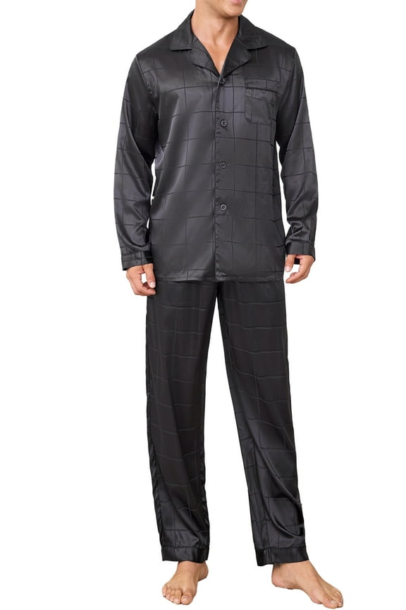 Men Satin Silk Pajamas Sets Long Sleeve Sleepwear Button-Down PJs Sets Two-Pieces Loungewear with Pockets
