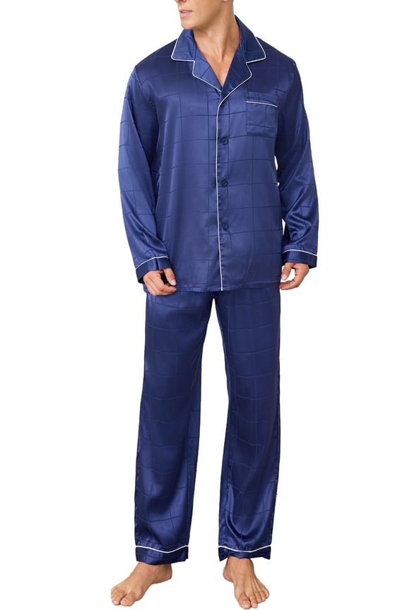 Men Satin Silk Pajamas Sets Long Sleeve Sleepwear Button-Down PJs Sets Two-Pieces Loungewear with Pockets