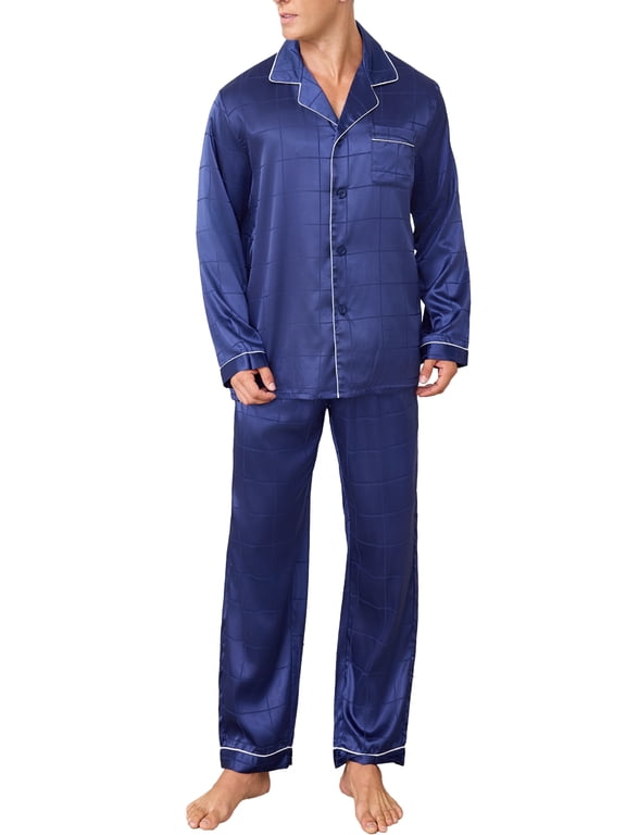 Men Satin Silk Pajamas Sets Long Sleeve Sleepwear Button-Down PJs Sets Two-Pieces Loungewear with Pockets
